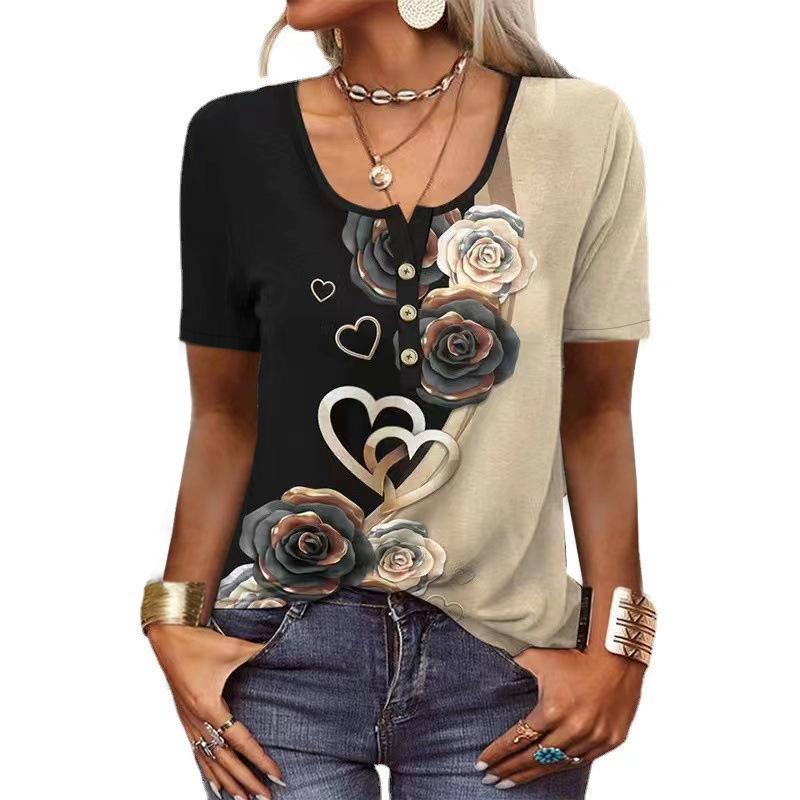 Spring and Summer Women's V-neck Short Sleeve Casual Loose Printed T-shirt