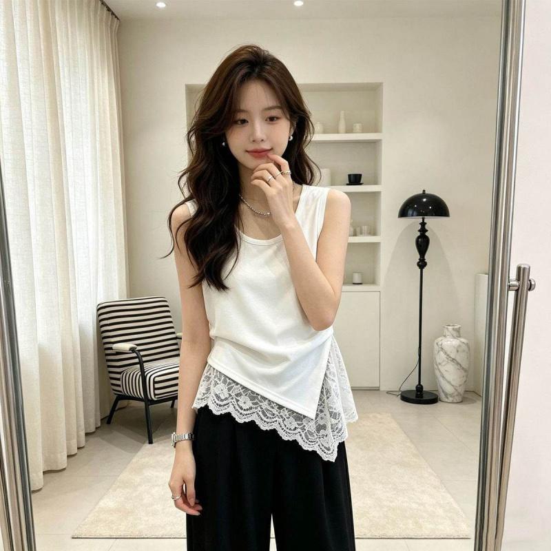 New Summer Women's Clothing with Irregular Design Lace French Sleeveless Tank Top T-Shirt
