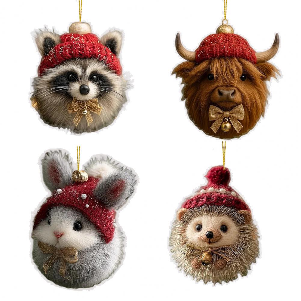 2D Acrylic Cat Dog Rabbit Hanging Pendents Plush Pet Shaped Ornament Christmas Tree Cozy Winter Animal Charm Knitted Hat Decor