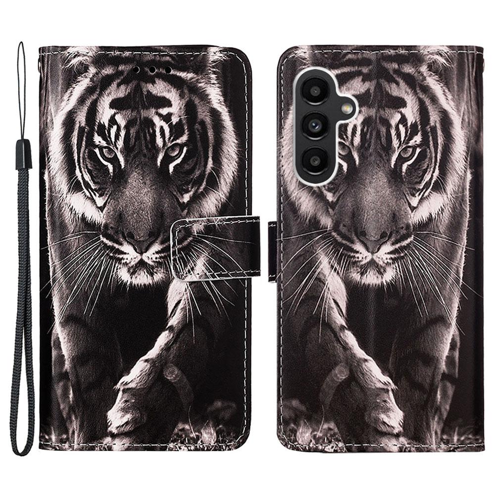 

For Samsung Galaxy A24 4G (162.1mm) Leather Case with Strap and Card Holder Pattern Printing Phone Stand Cover Tiger