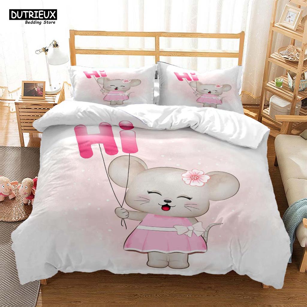 Lindo Juego de Cama de Tres Piezas con Estampado de Ratón de Dibujos Animados Suave y Cómodo Juego de Cama King Size Edredón Juegos de Cama