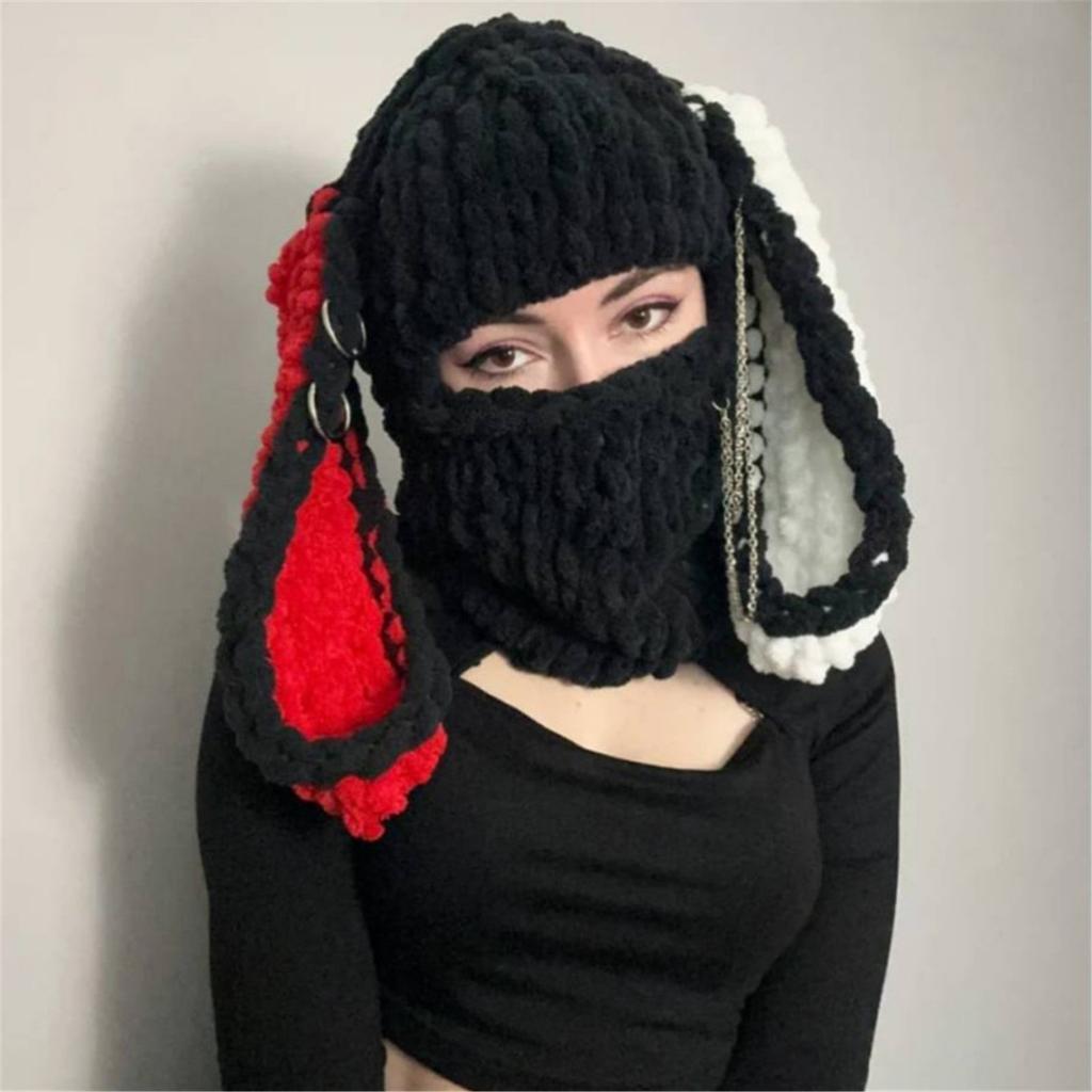 Knitting Balaclava Cap for Women Adult Rabbit Ear Beanie Hat Handmade Face Cover Hat Crochet Hooded Hat for Outdoor Ski