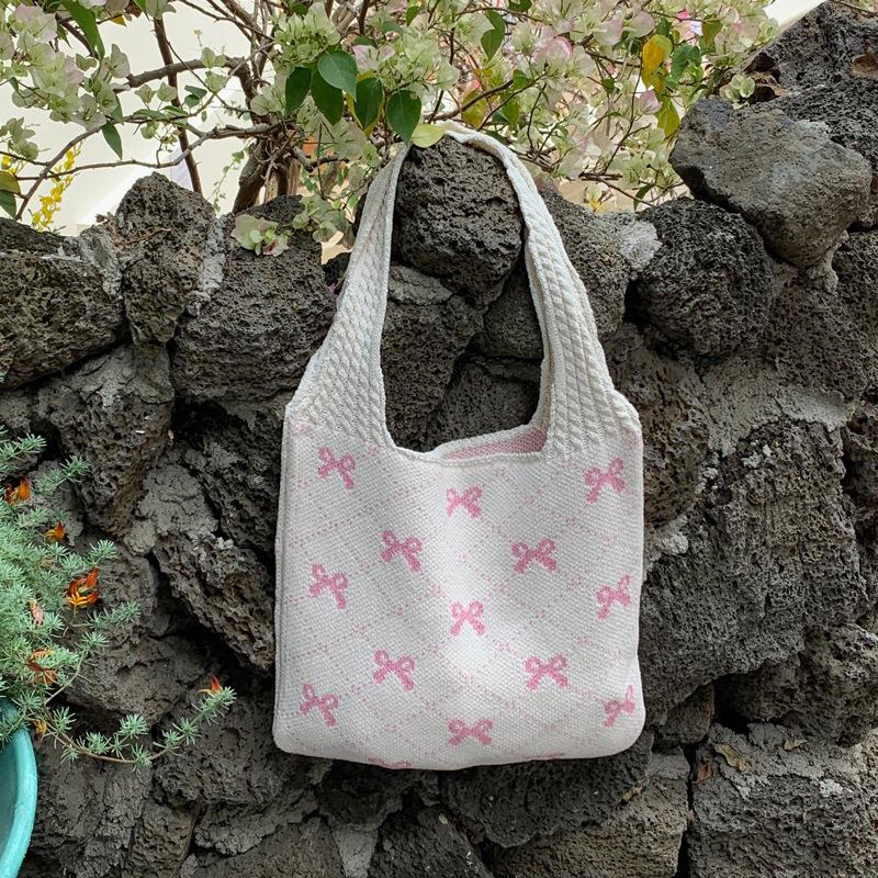 Women Knitting Shoulder Bag Large Capacity Crochet Grocery Bag Contrast Color Travel Shopping Handbag Ladies Daily Handbag