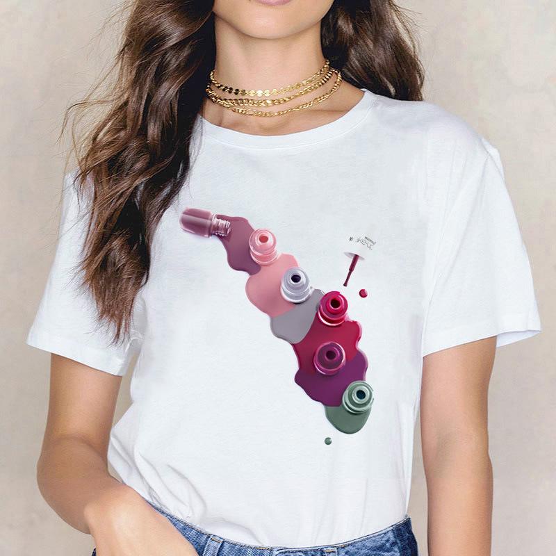 Kpop Fashion Cosmetics 3D Nail Polish Print Tees Women Y2K Tops Summer White Loose Short Sleeve O-Neck Female T-Shirts Blouses
