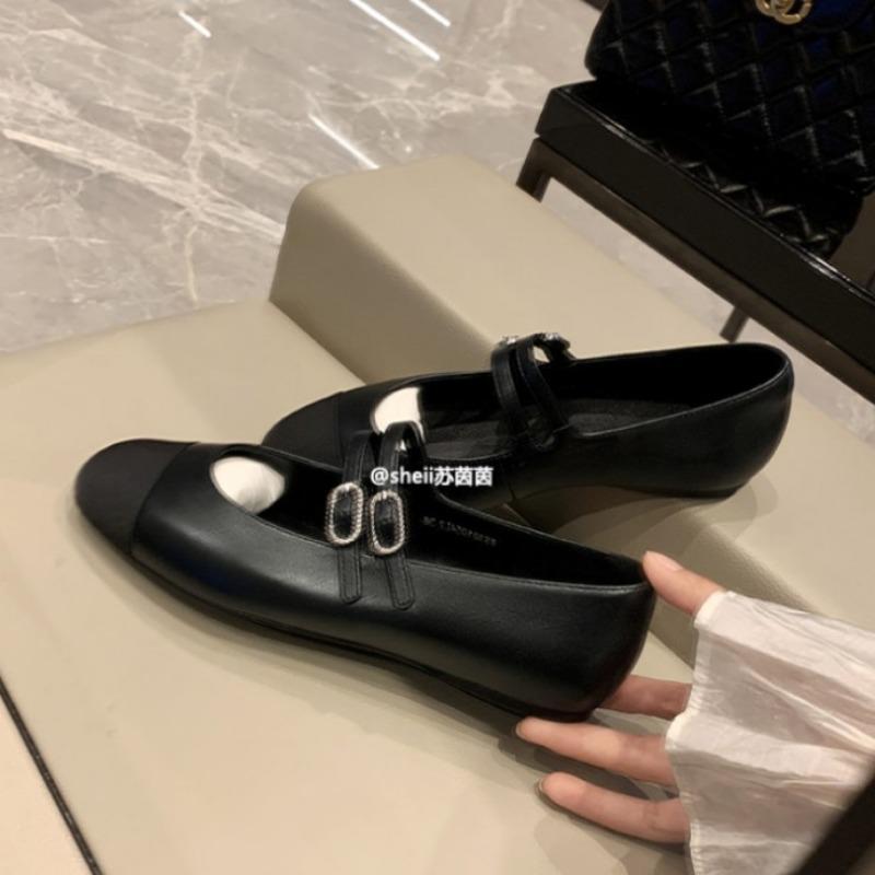 Sheepskin Shoes Round Head Color Matching Versatile Double Buckle with Flat Single Shoes Women's Mary Jane Shoes