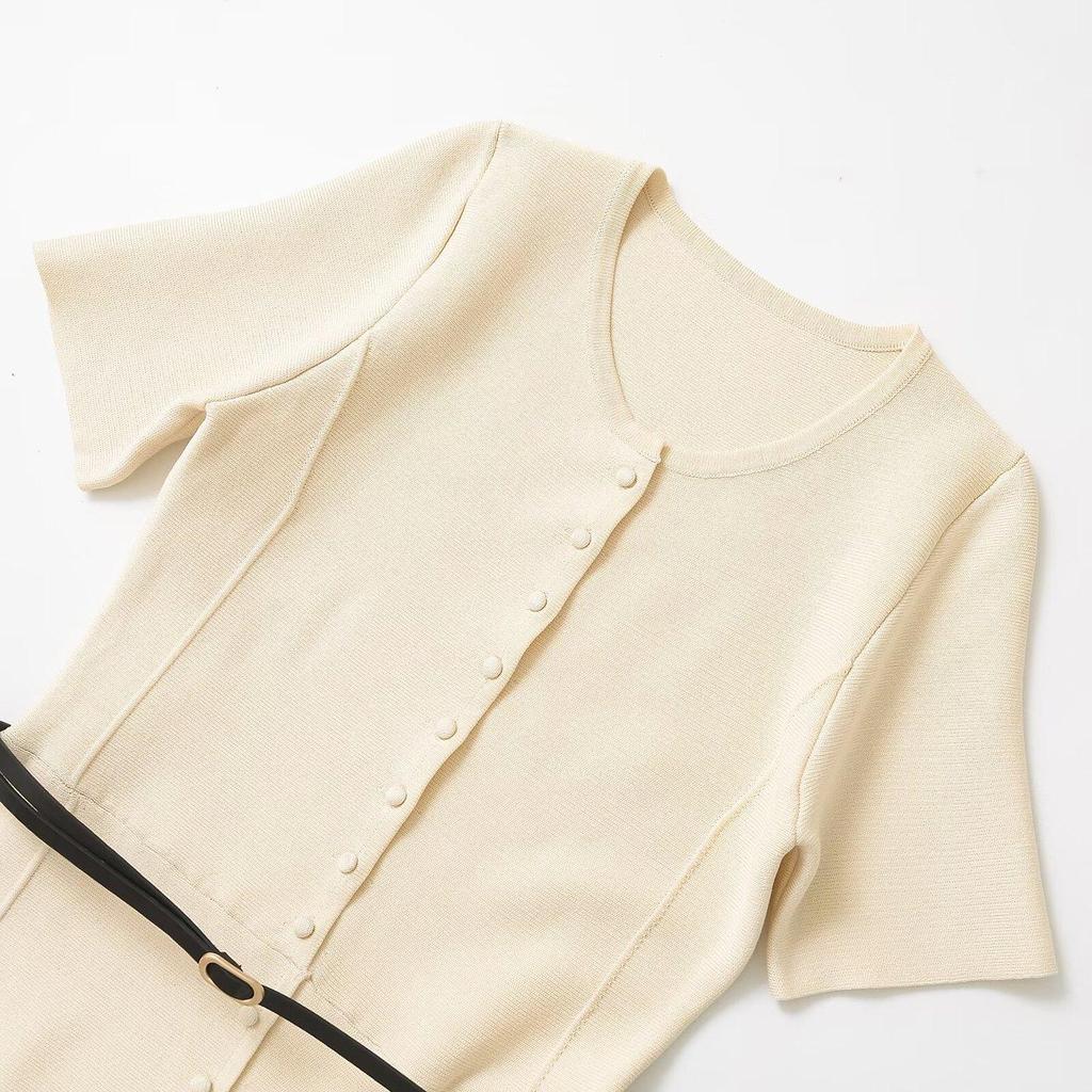 Spring 2025 Women's European & American Style Midi Dress with Belt Decoration