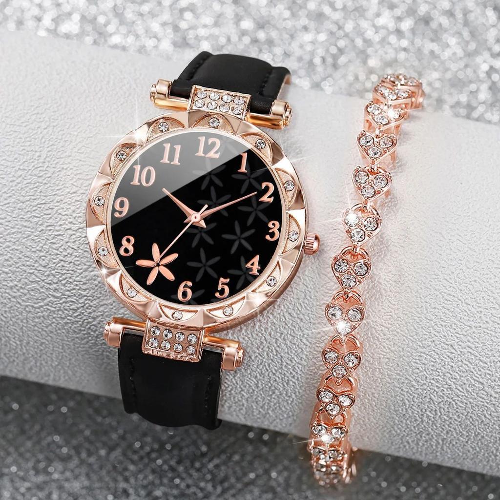 Women'S Diamond Quartz Watch Fashion Belt Watch Two-Piece Set Light Luxury Bracelet Set Women'S Watch