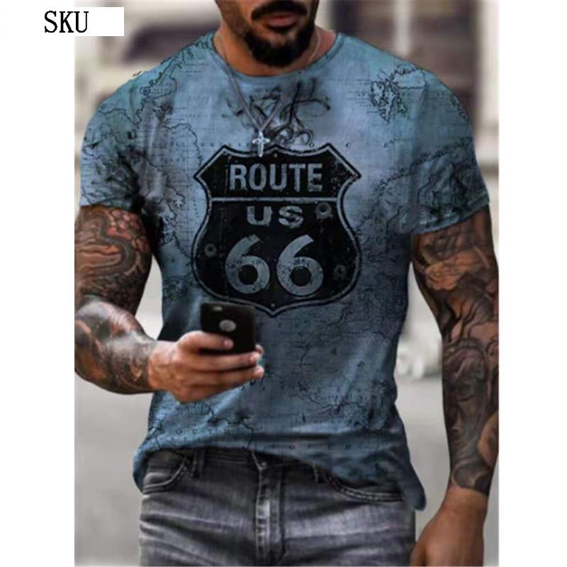 Summer Round Neck 3D Route 66 America Highway Print Top Fashionable Casual Short Sleeved Men's T-shirts