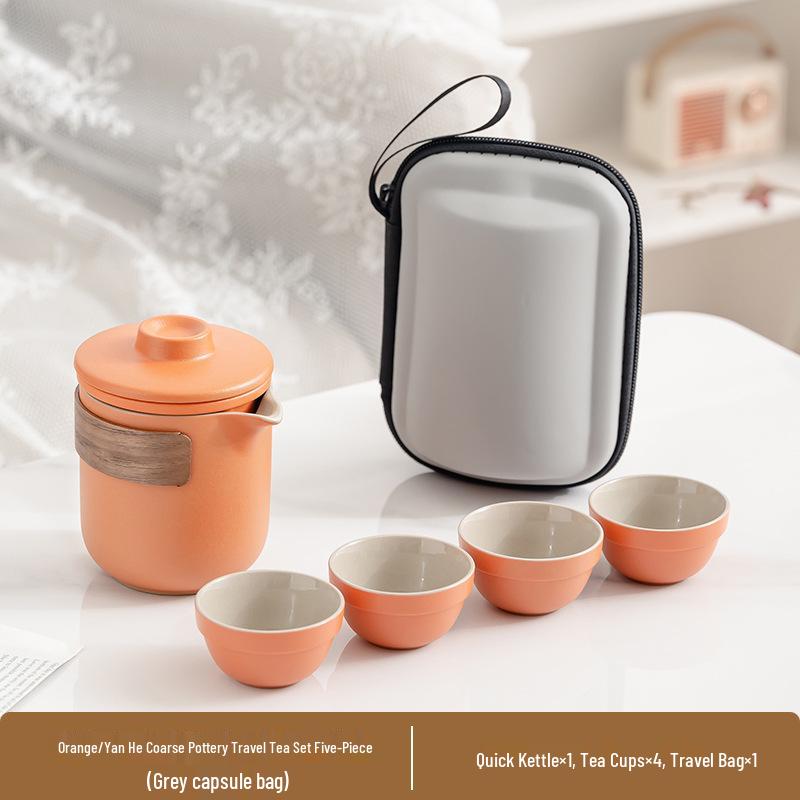 Portable Ceramic Travel Tea Set: Quick-Brew Pot & 4 Cups for Outdoor & Car Use, Simple Carry-Along Gift