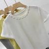 Women's Pearl Beaded Crew Neck Short Sleeve Casual T-Shirt