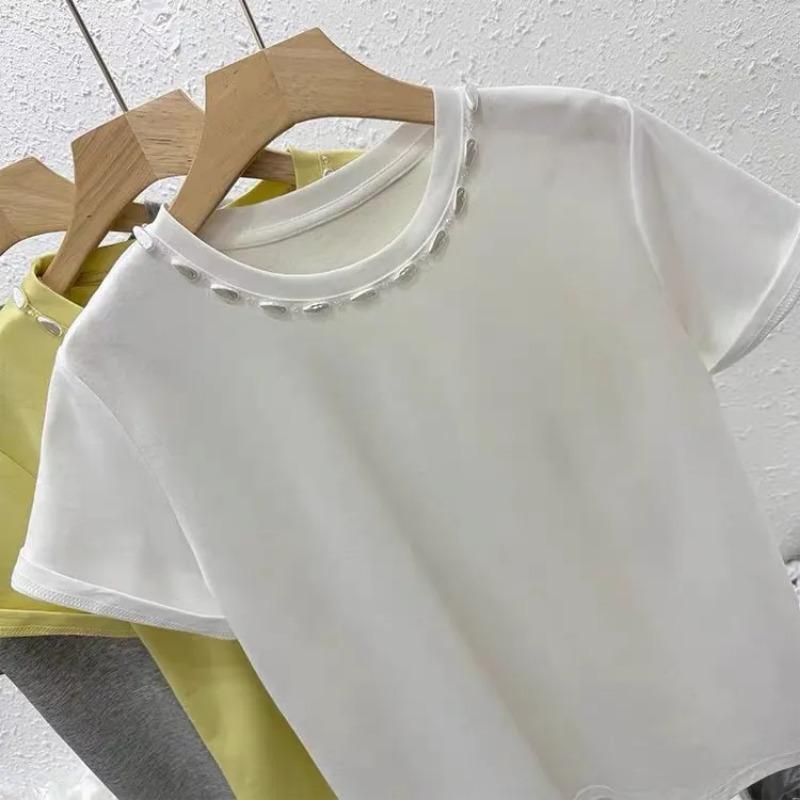 Women's Pearl Beaded Crew Neck Short Sleeve Casual T-Shirt