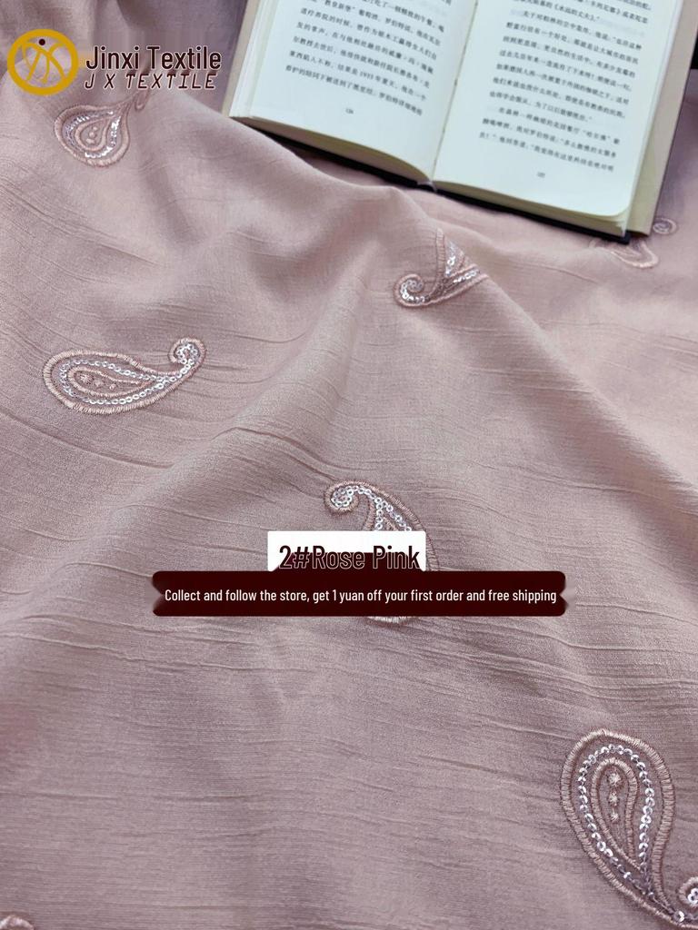 3D Cashew Flower Sequin Tencel Embroidered Fabric for Spring/Summer Dresses and Children's Hanfu.