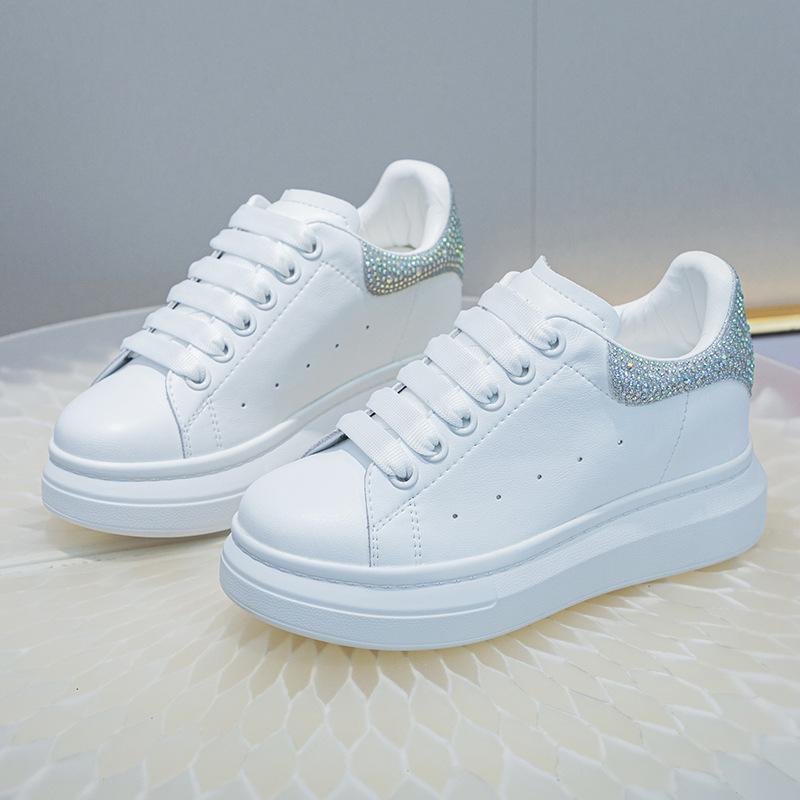 Leather Thick-soled Inner Height-increasing Women's Shoes Spring Versatile Sports and Leisure Single Shoes Round Head Student Rhinestones