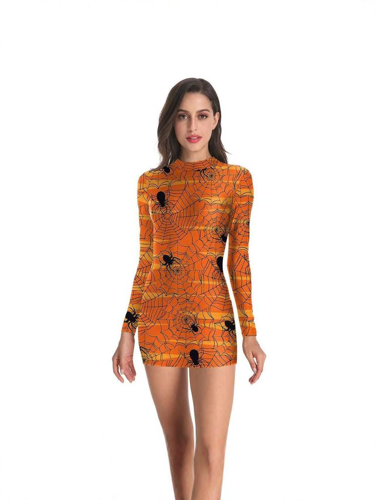 New Halloween D print long-sleeved tight dress European and American hot girl style sexy party dress