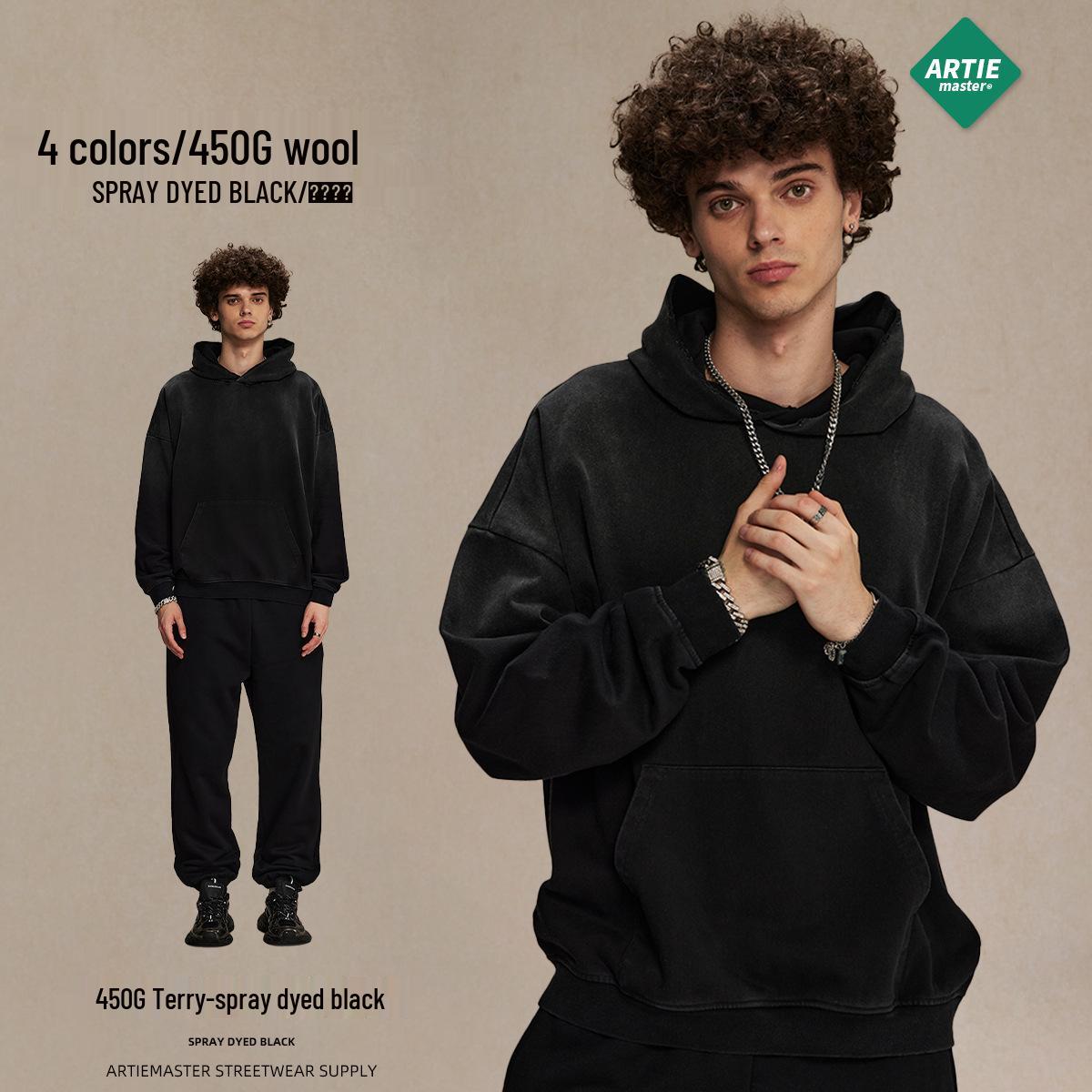 

ARTIE Menswear 2025 Autumn/Winter Distressed Retro Hoodie for Men - 450g Heavyweight Washed & Ripped Style M чорний