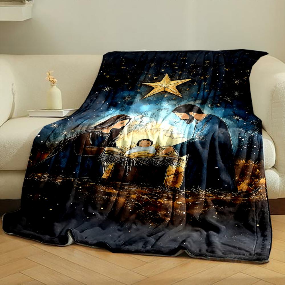 Nativity Scene with Starry Night SkyFlannel blanket for bedroom, living room, sofa, and nap