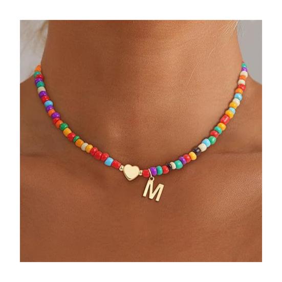 Colier Guler cu Mărgele Femei Colier cu Mărgele Colorate Colier cu Pandantiv cu Inițială Guler cu Inițială în Formă de Inimă Cadou de Ziua de Naștere pentru Fete Soție Prietenă