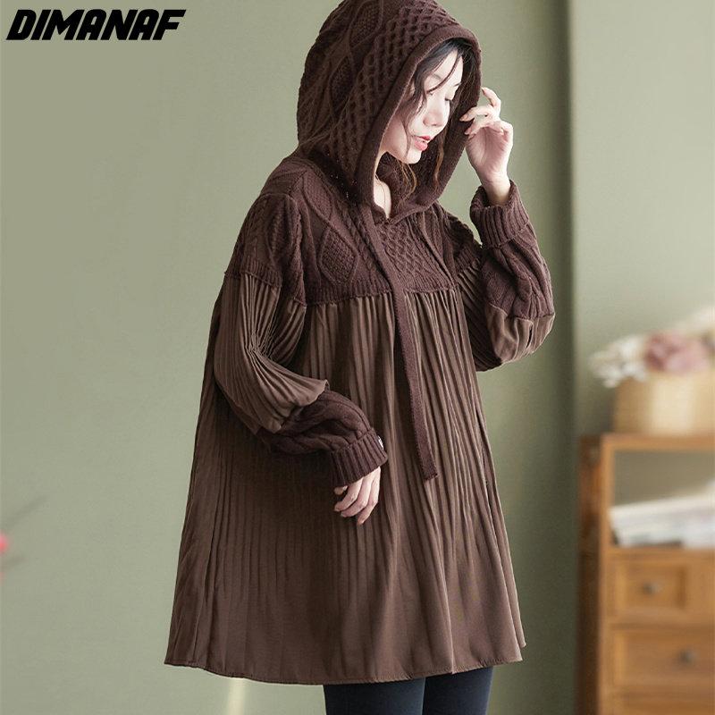 Dimanaf Suéter de talla grande para mujer, sudaderas holgadas con capucha y sudaderas informales de otoño, suéter básico de retazos de punto, suéteres con cuello redondo 2022