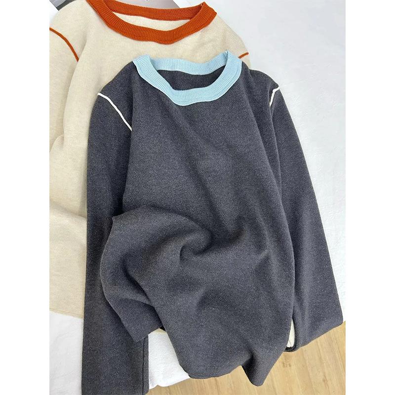 2025 spring niche contrasting color round neck inner top feminine temperament slim-fitting versatile soft waxy knitted sweater bottoming shirt