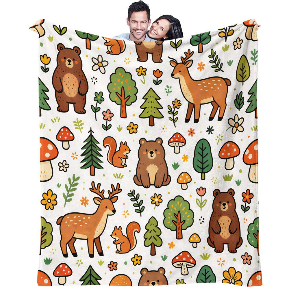 Woodland Bear Deer Squirrel Blanket Flannel Throw Warm Gift Blanket HD Print Nature Sofa Cover 75x90cm