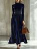 European and American independent station autumn and winter new semi-turtleneck waist slim pleated golden velvet temperament long dress