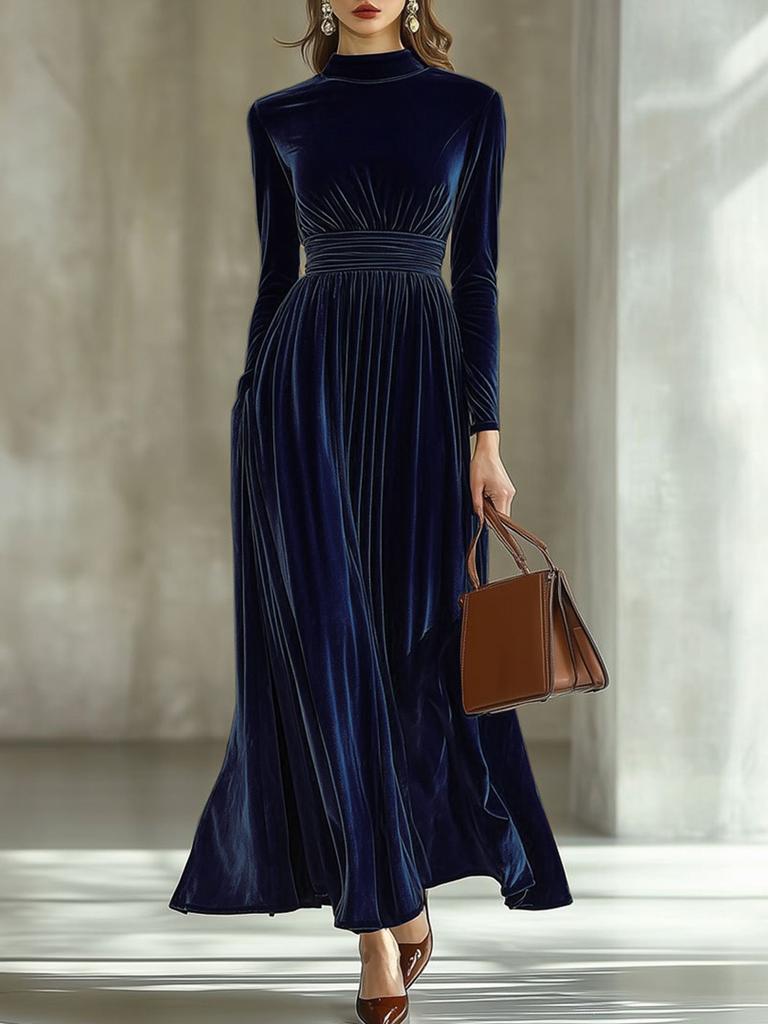 European and American independent station autumn and winter new semi-turtleneck waist slim pleated golden velvet temperament long dress