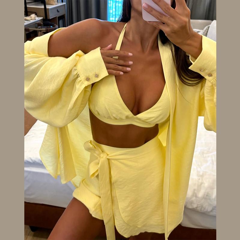 Ladies' Lantern Sleeve Loose Shirt Half Skirt Set Yellow Casual Set Spring Summer New Outfit Ladies' Plus Size Set Daily Commuting Style