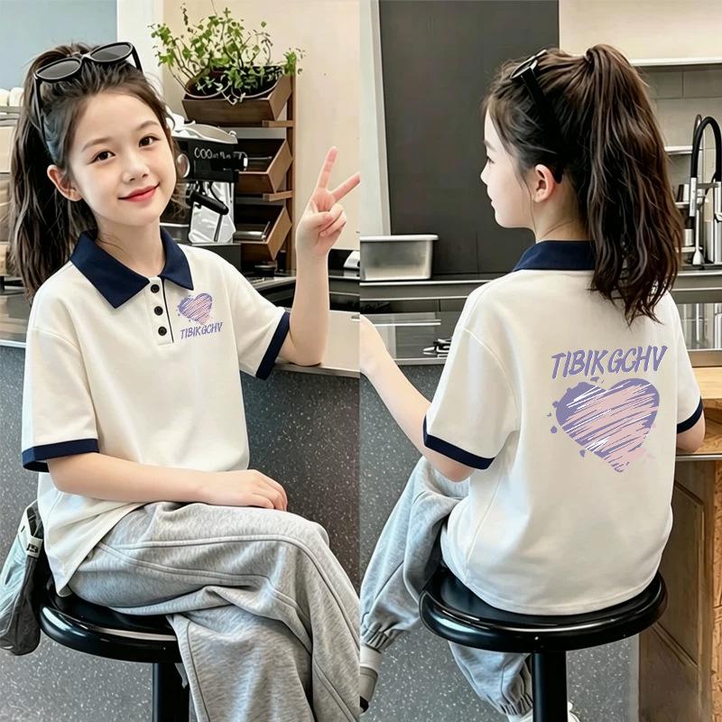 Korean Style Girls' 2026 Summer Cotton Polo Shirt: Color Blocked Lapel Short Sleeve T-shirt for Medium and Large Children