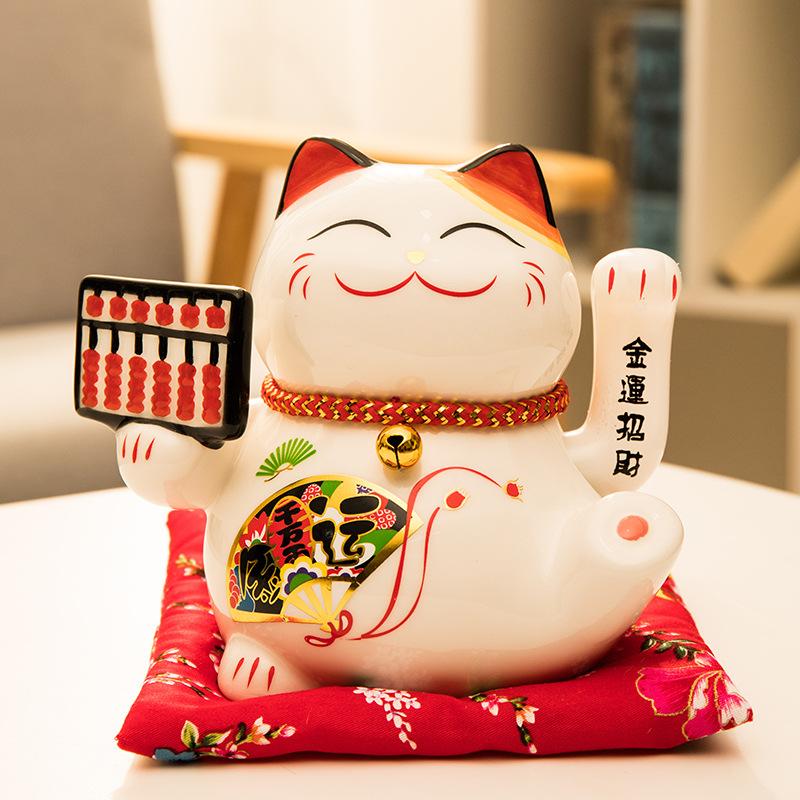 6 Inch Fortune Cat with Waving Arm Ceramic ManekI Neko Feng Shui Ornament Lucky Cat for Shops, Restaurants and Home Deoration