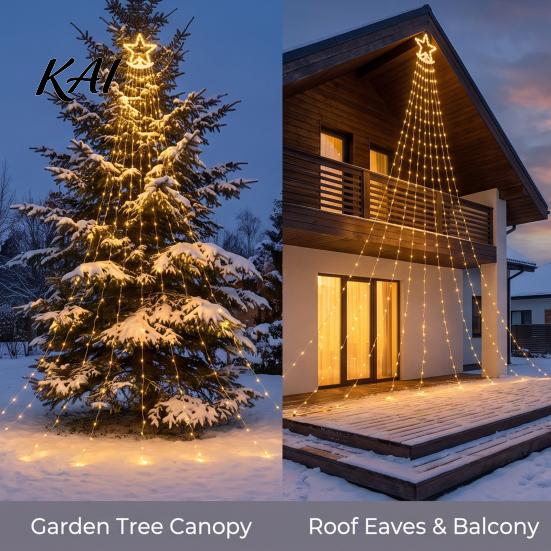 Garden Fence Star Decorations Solar Christmas Tree Waterfall Light, 11.5FT 346 LED Powered String Light Safe Touch Set with Moon Topper