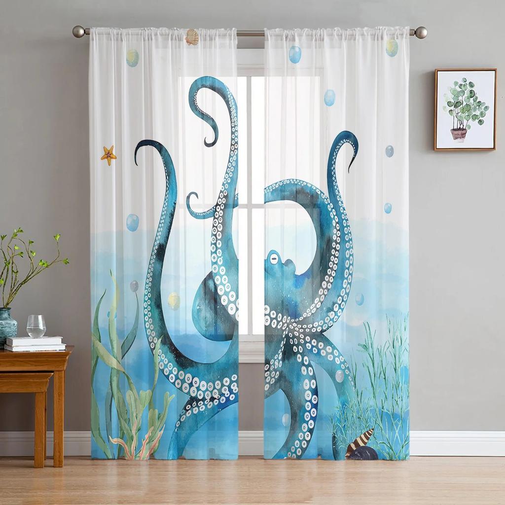 Sea Octopus Retro Cthulhu Sheer Curtains for Living Room Modern Voile Curtain Bedroom Tulle Curtains Window Drapes Decor