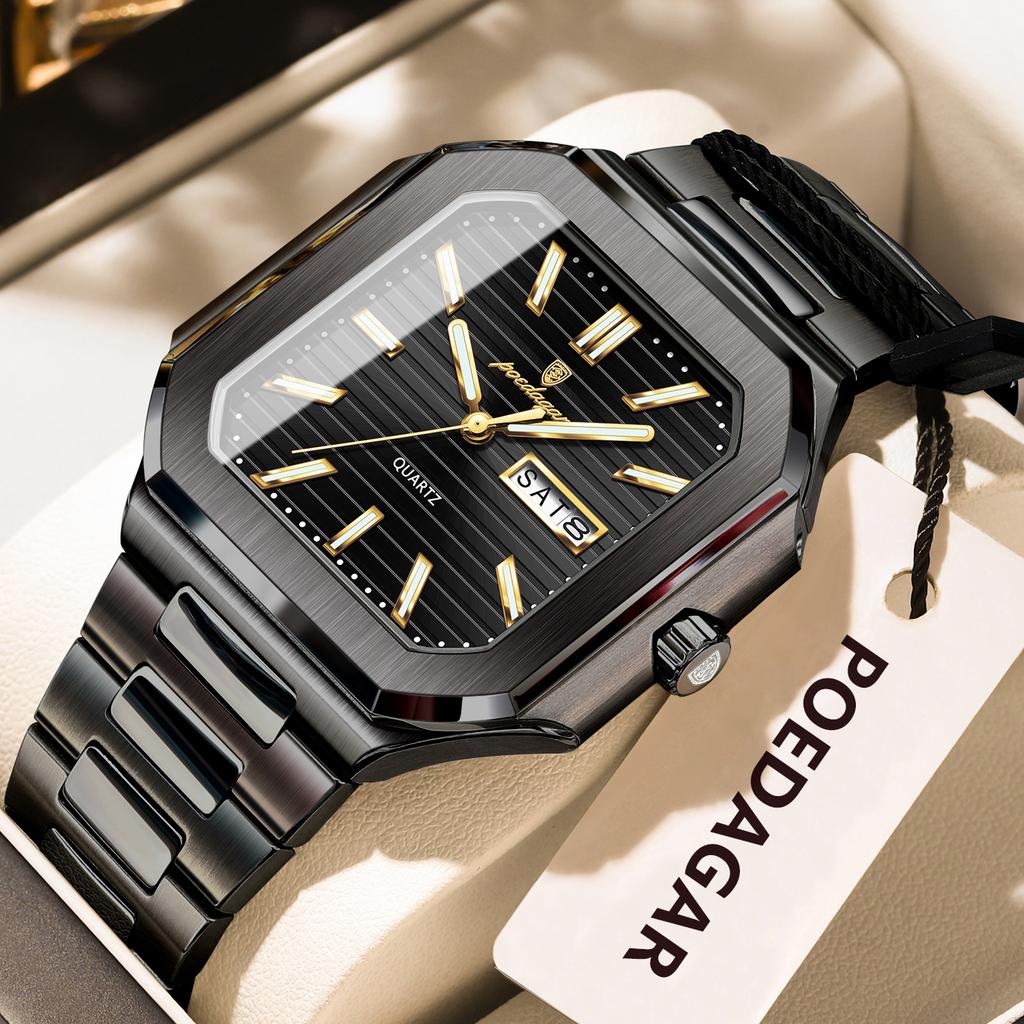 POEDAGAR Square Fashion Man Wristwatch Waterproof Luminous Date Week Quartz Men's Watches Stainless Steel Luxury Men Watch Reloj