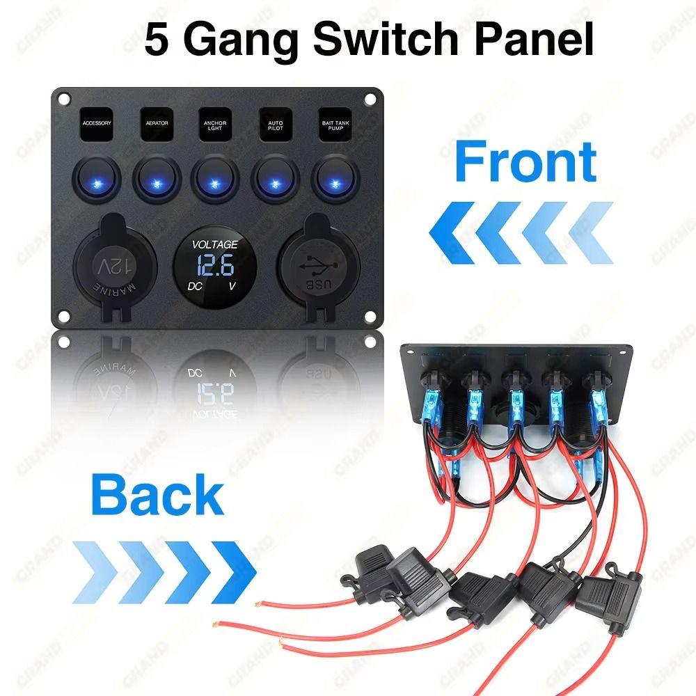 Dual USB Socket 5 Gang Switch Panel 12V/24V ON-OFF Toggle For Car Inline Fuse Box  RV