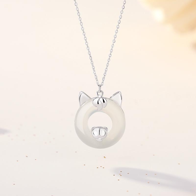 Tichiya S925 Sterling Silver Zodiac Horse Necklace with White Agate - Original Chinese Style Luxury for Women 925 Sterling Silver