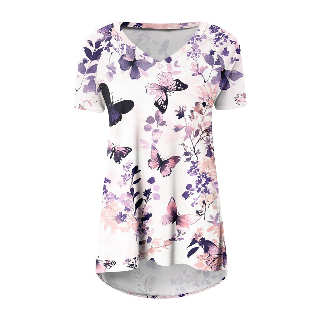 Ladies Short Sleeve Pleated Loose Tops Plus Size Casual Tops V Neck Short Sleeves Casual Summer T Shirts Ladies Tops T Shirts Shirts