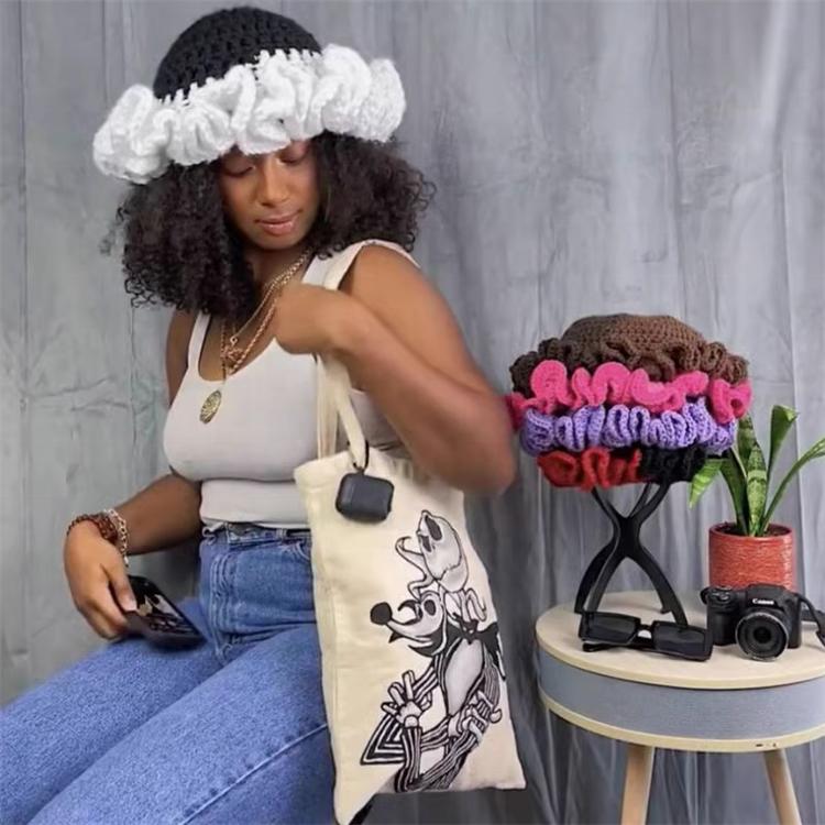 Handmade Knit Bucket Hat for Woman Weaving Ruffled Brim Bucket Hat Adult Teens Winter Cycling Fisherman Hat