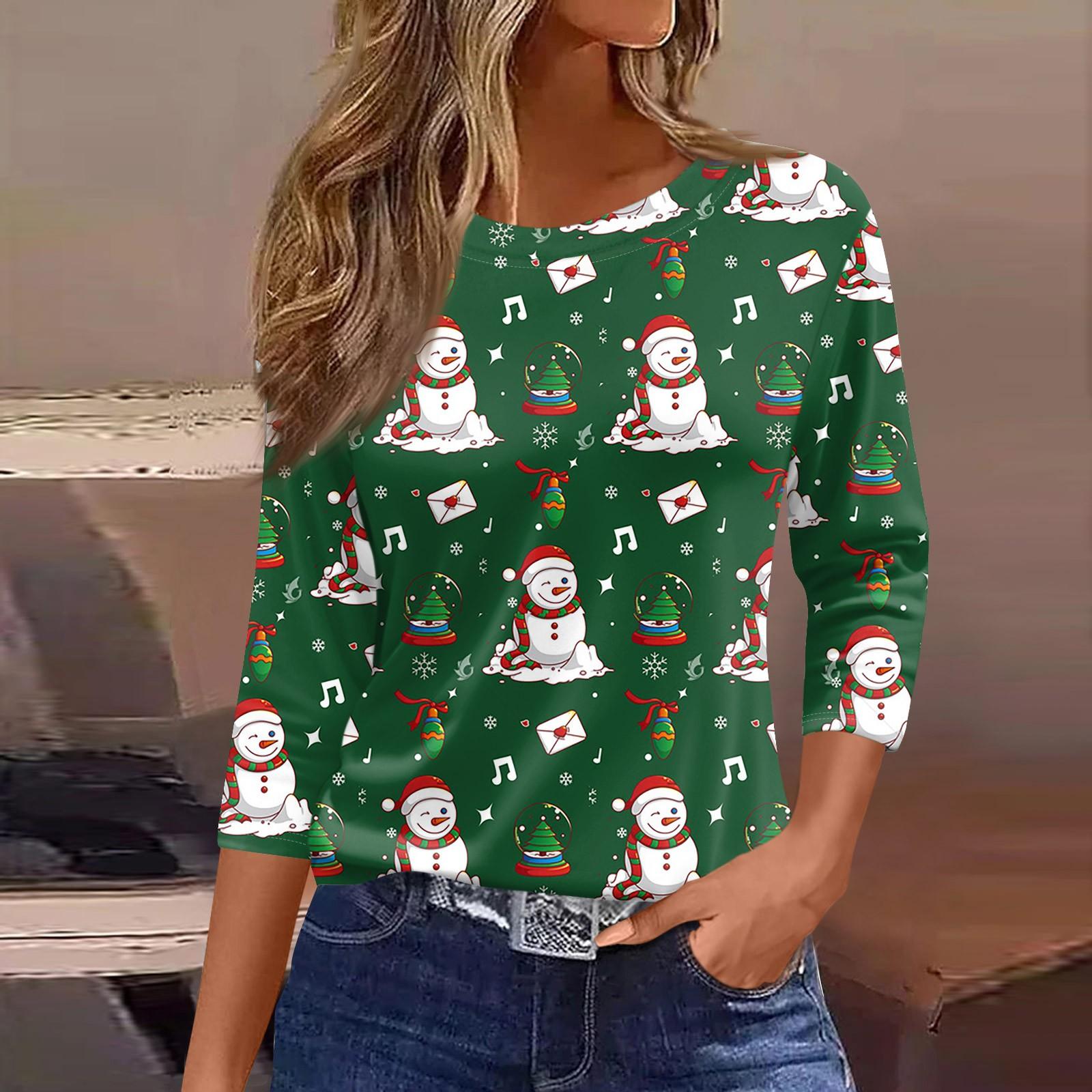 

Женские топы, рубашка с семью рукавами, свободная футболка с круглым вырезом и принтом рождественского снеговика и елки XXL