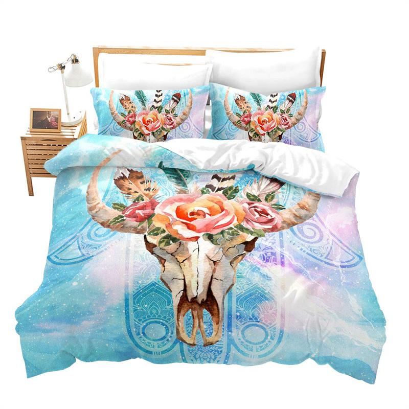 Farm Animal Duvet Cover Set Single King Queen Bohemian Mandala Bedding Set Microfiber Deer Bull Head Cow Skull Comforter Cover