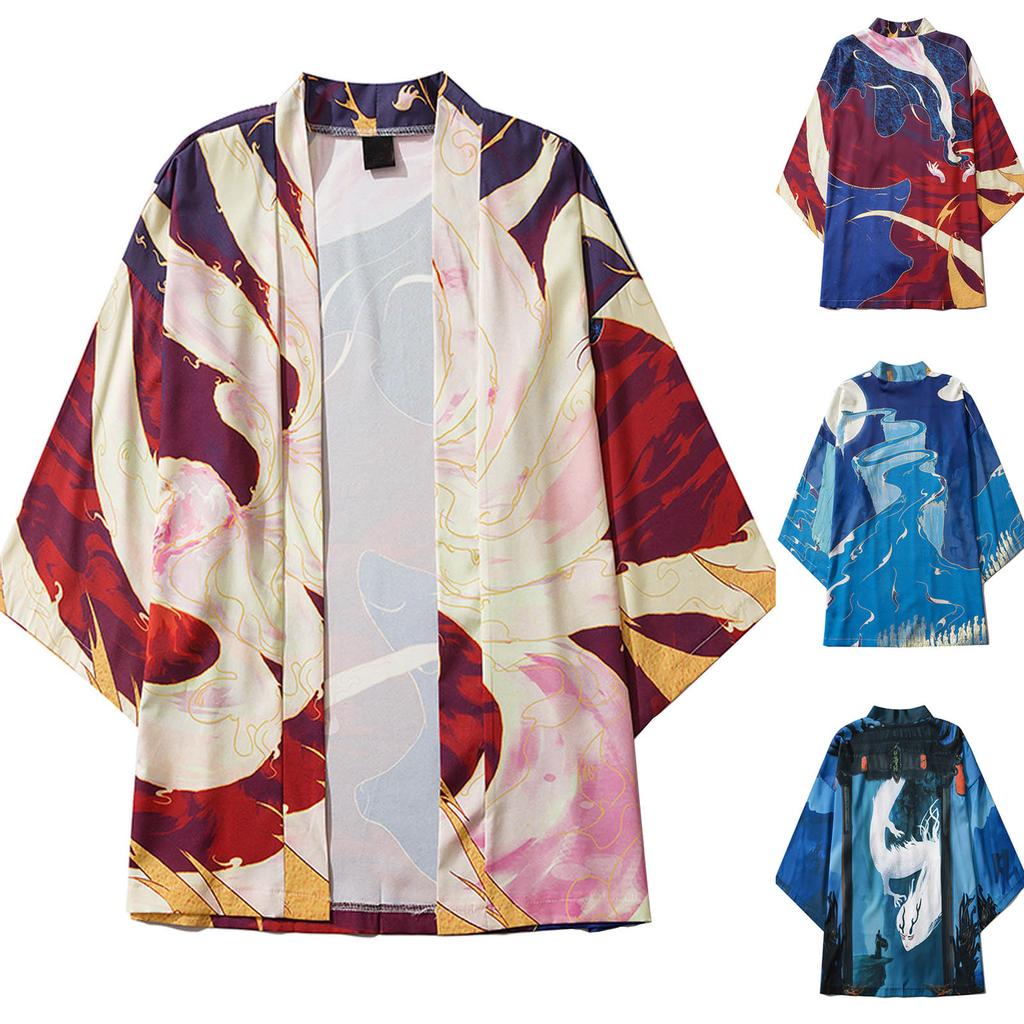 Men's Casual Loose Open Front 3/4 Sleeve Japanese Style Print Cover Up Cardigan