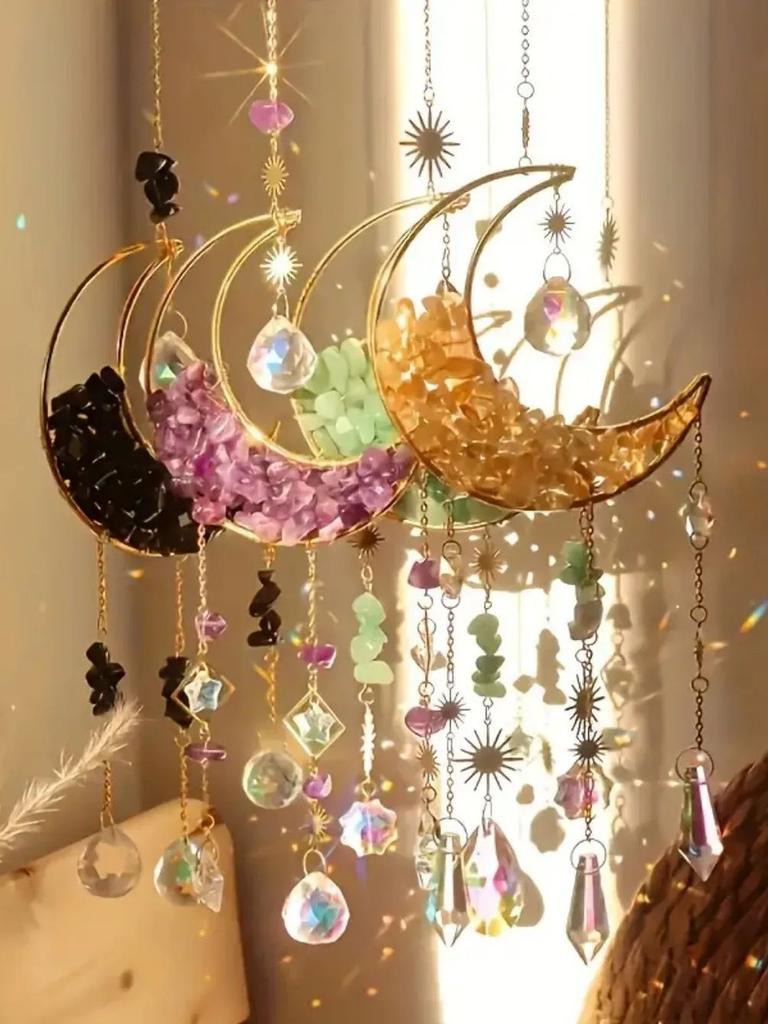 4pcs moon-shaped crystal Sun Catcher, car pendant, Magic Rainbow hanging wall decoration, fantasy crystal pendant, rainbow manu