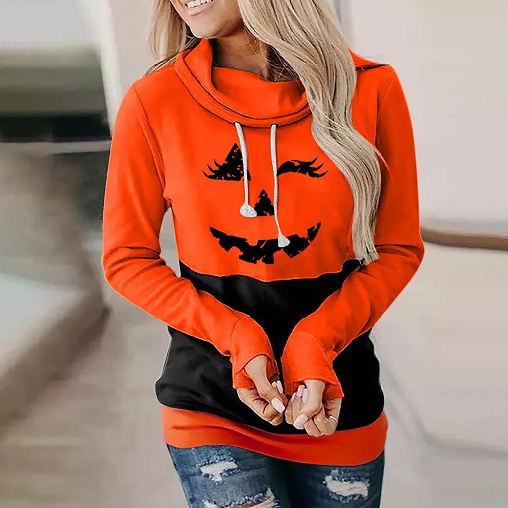 Women Halloween Horror Print Party Long Sleeve Pullover Hooded Sweatshirt