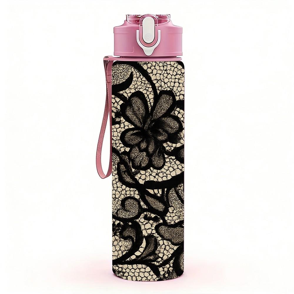 1PC Black Lace Vintage Texture Print 750ml Color Plastic Sports Water Bottle Leakproof Flip Straw Lid Suitable for Sports Office Home Use