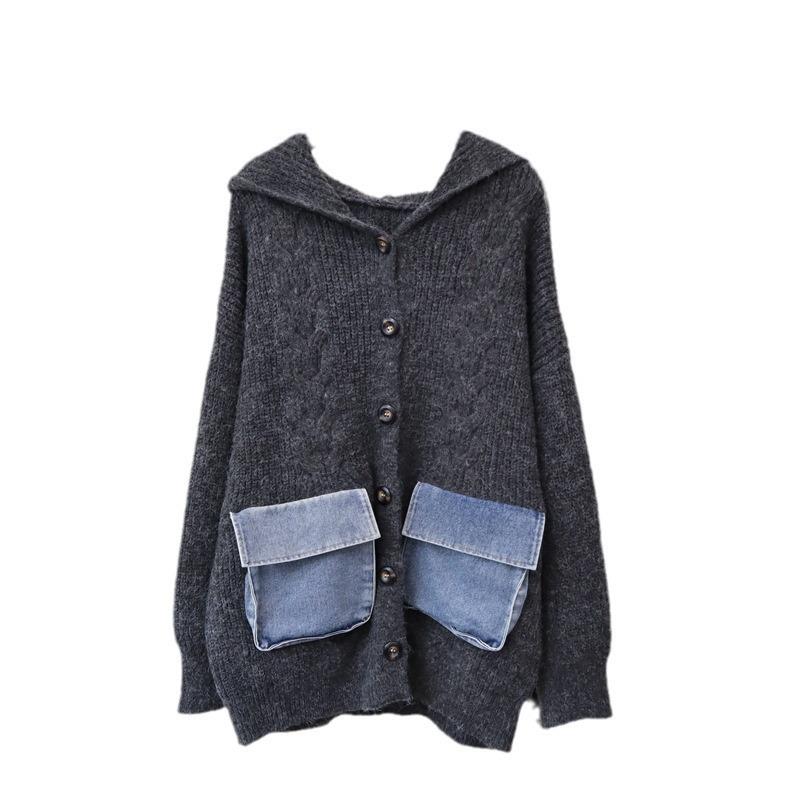 Hooded Splicing Denim Pocket Knitted Cardigan Autumn and Winter New Medium and Long Loose Sweater Jacket Women