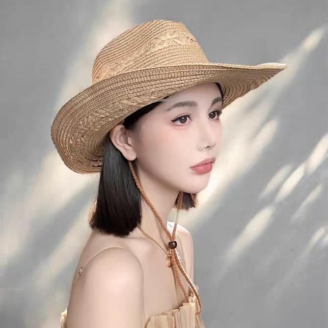 New Retro Ethnic Style Cowboy Hat Men's and Women's Cone Top Holiday Seaside Travel, Showing a Small Face, Fashionable Straw Hat