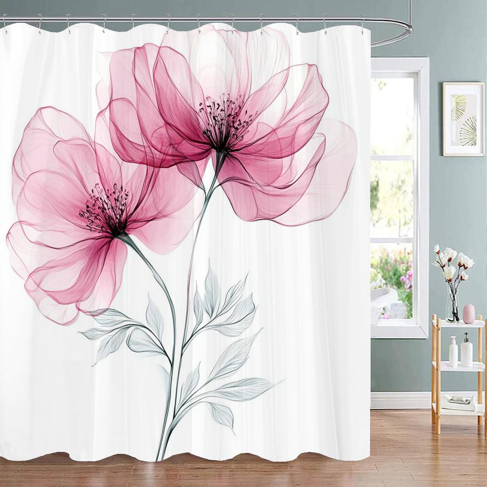 Colorful Flowers Shower Curtain for Bathroom Pink Floral Romantic Plants Nature Scenery Decor Shower Curtain with Hooks