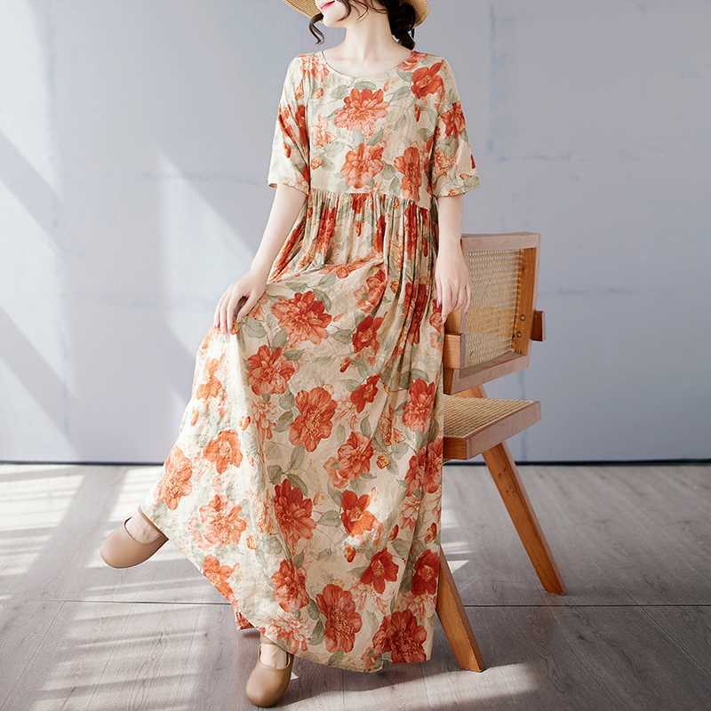 Simple and Fashionable Long Skirt Summer Short Sleeved Round Neck Printed Dress