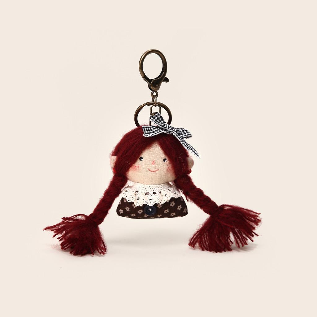 

Handmade Korean Plush Doll Keychain With Floral Print Dress Checkered Bow Decor For Gift And Decoration RedBrown