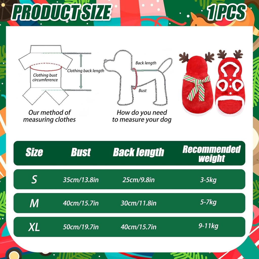 Pet Hoodie Christmas Outfit - Warm Puppy Costume with Hat, Funny Holiday Cosplay Pet Clothes for Small Medium Dogs & Cats (Size S: