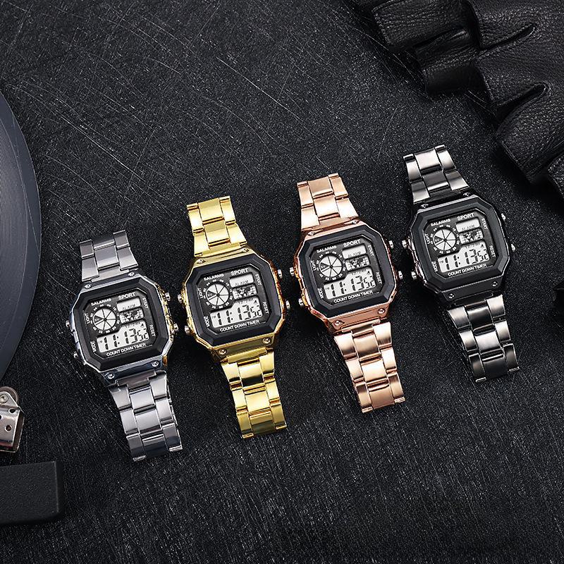 Men's Fashion LED Luminous Steel Band Square Electronic Watch