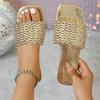 Fashion Luxury Gold Slip On Sandals Women 2025 Summer Square Toe Flat Heel Slides Sexy Light Weight Non Slip Beach Slippers Plus Size 43